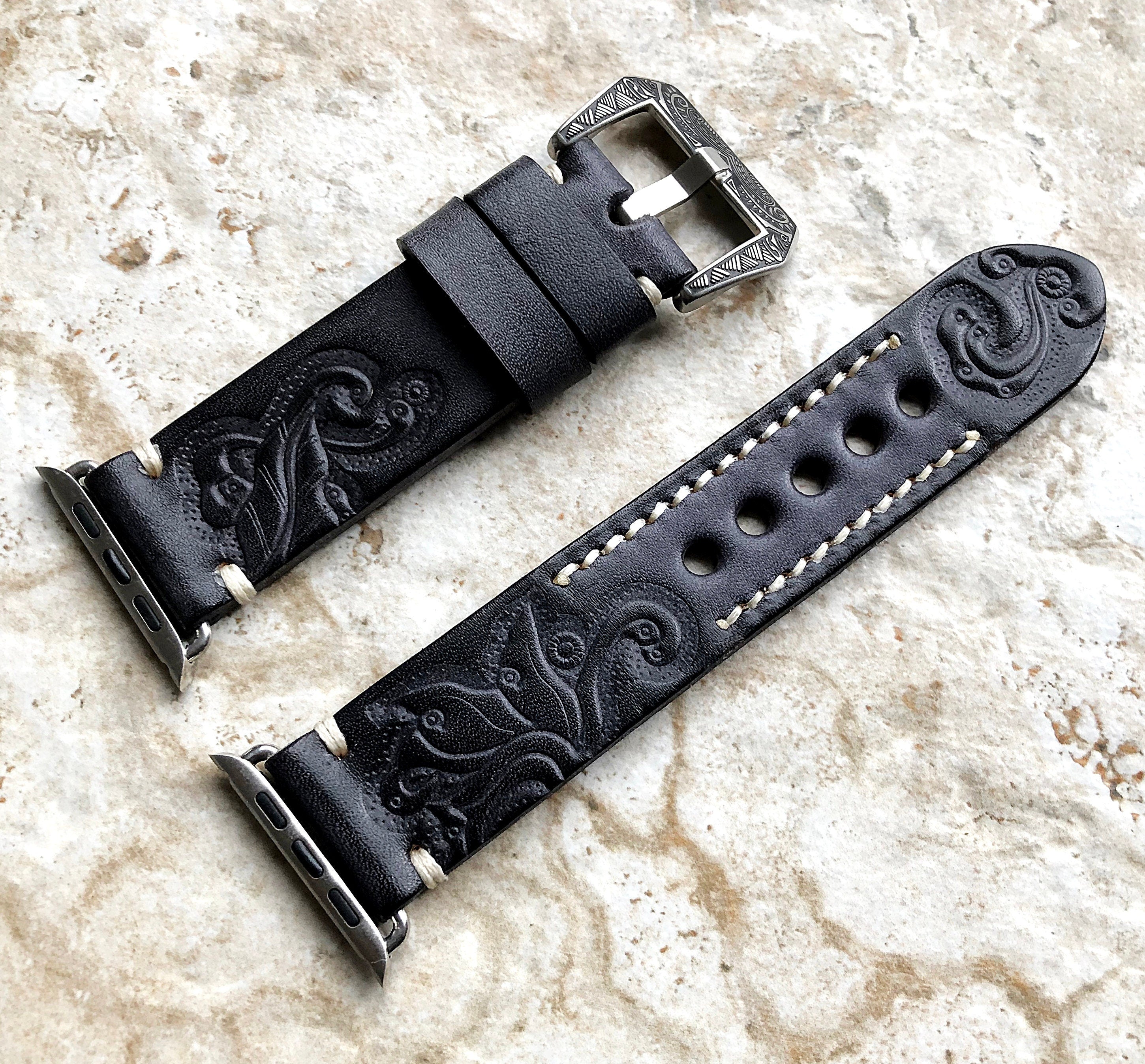 Apple Watch Black Gray Tooled Leather Band for All Series 38mm 40mm 41mm 42mm 44mm 45mm 49mm Case Bracelet Embossed Handmade Strap